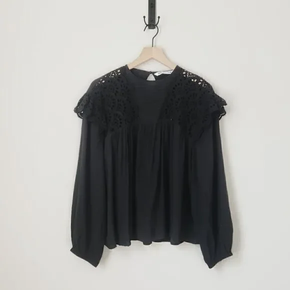 Zara Black Embroidered Peasant Top Size Small - Picture 2 of 7